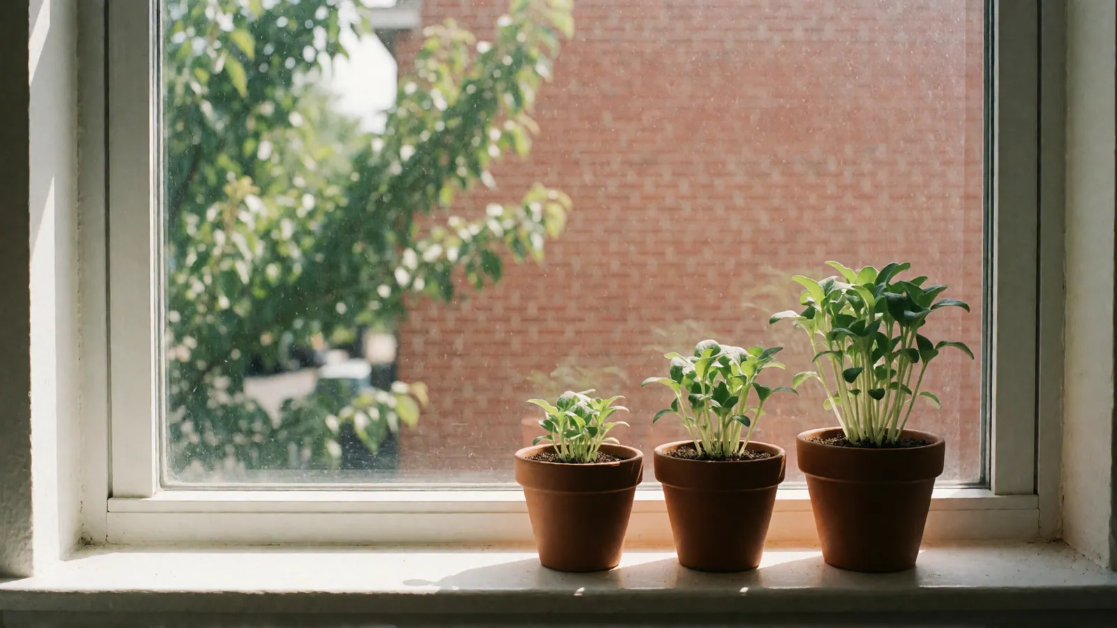 Three terracotta pots of seedlings of different heights on a sunny windowsill, a street tree and red brick outside, out of focus.