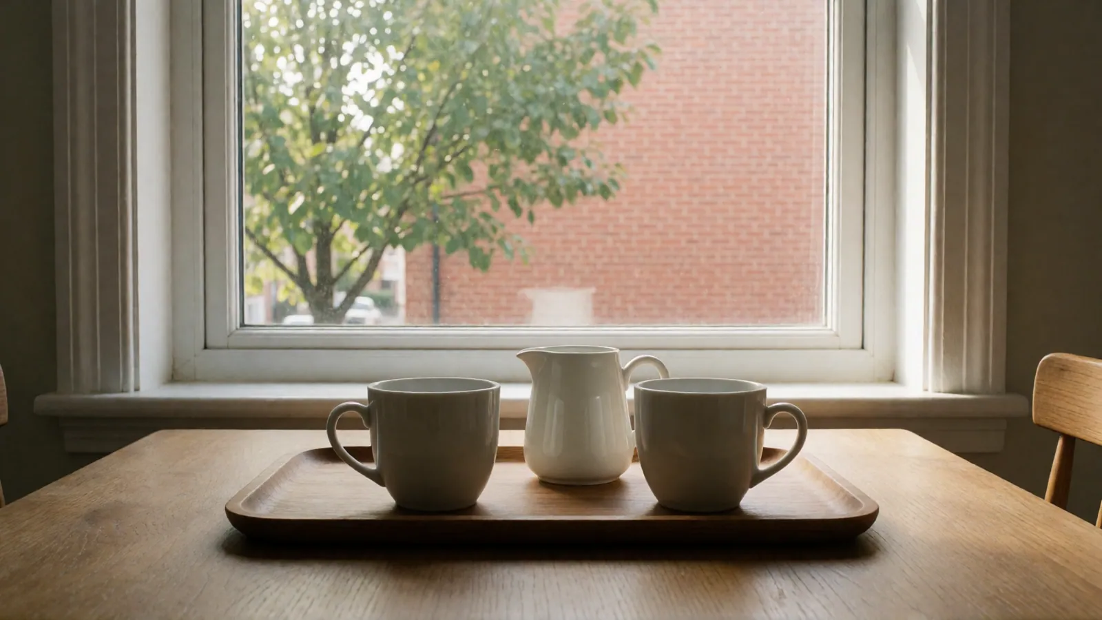 Two white mugs and a small white jug on a wooden tray on a kitchen table by a window, a street tree and red brick outside, out of focus.