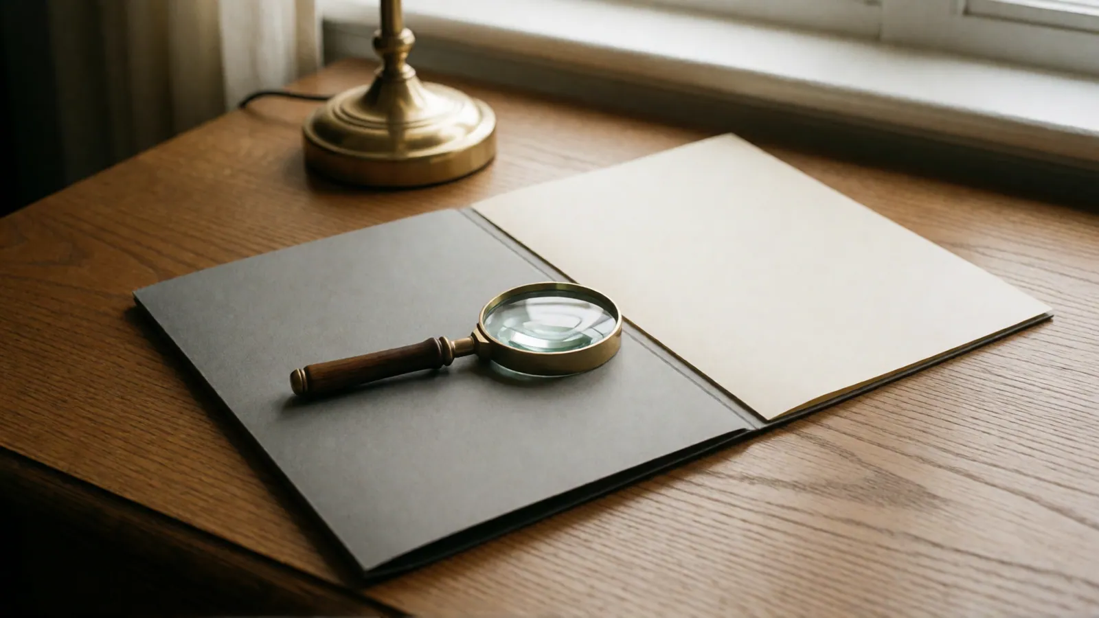 A brass magnifying glass on an open gray folder holding one blank cream sheet, on an oak desk beside the foot of a brass lamp.