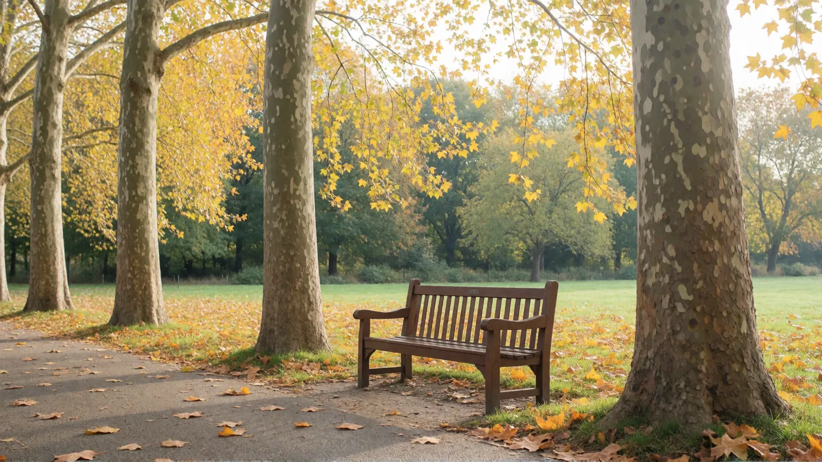 An empty wooden park bench under tall plane trees in autumn, yellow leaves on the path and the grass.