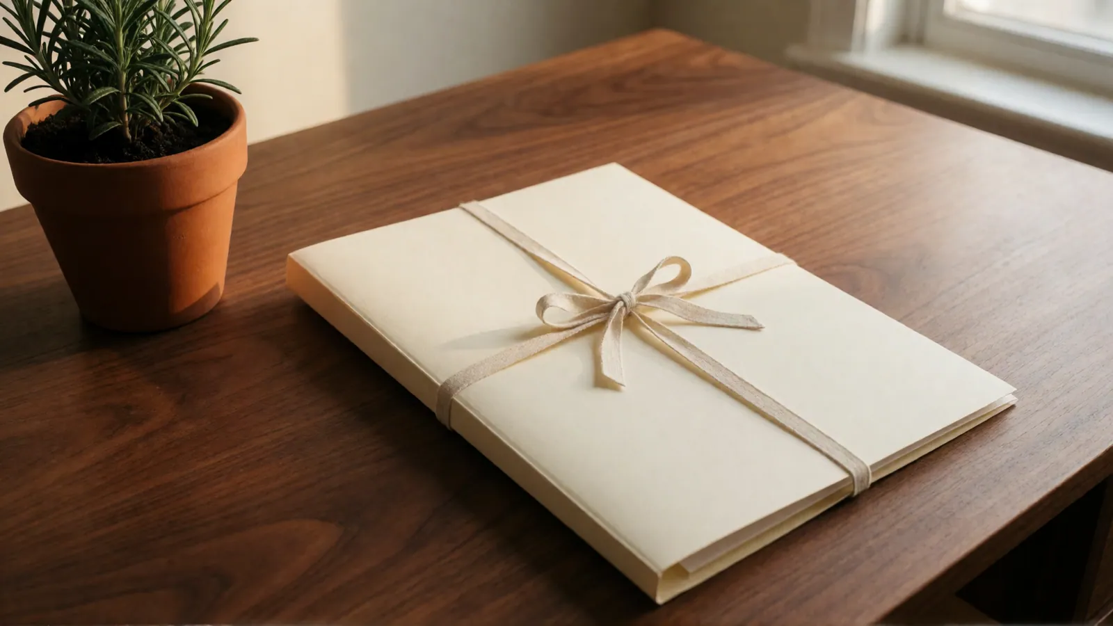 A closed cream folder tied with a cotton bow on a walnut desk beside a terracotta pot of rosemary.
