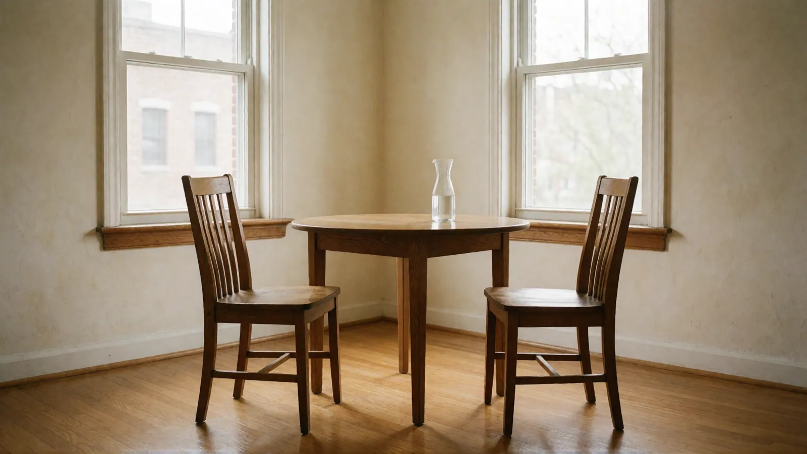 Two wooden chairs facing each other across a small round table with a carafe of water, in an empty sunlit room with two double-hung windows.