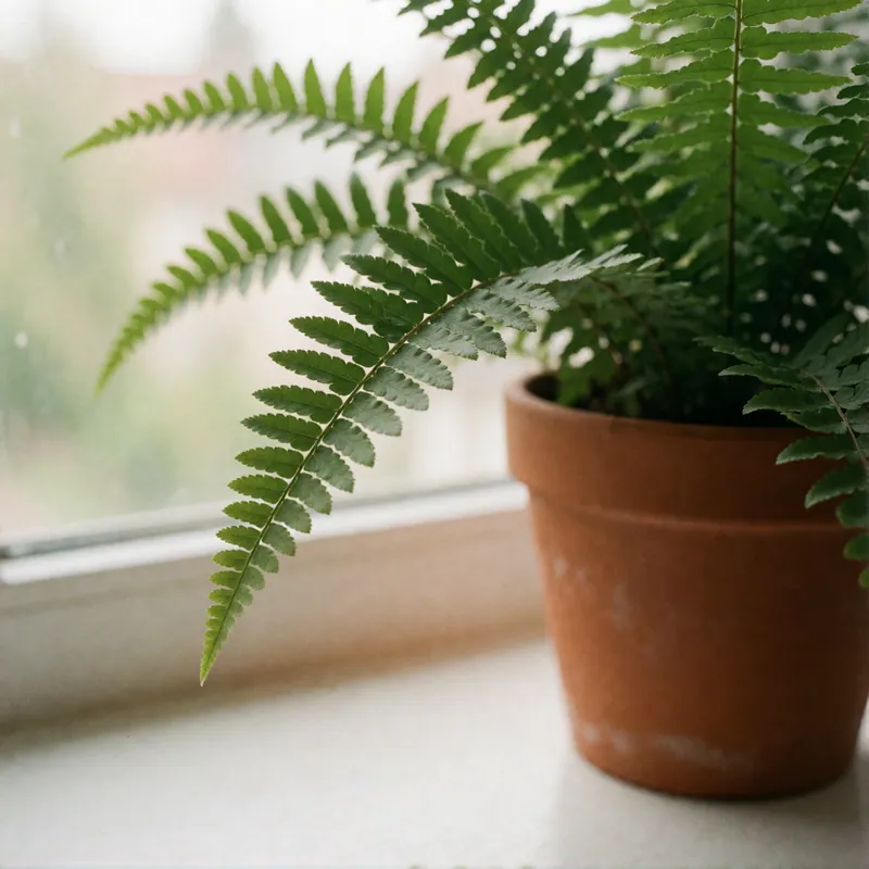 Close on the fronds of a fern in a terracotta pot on a white windowsill.