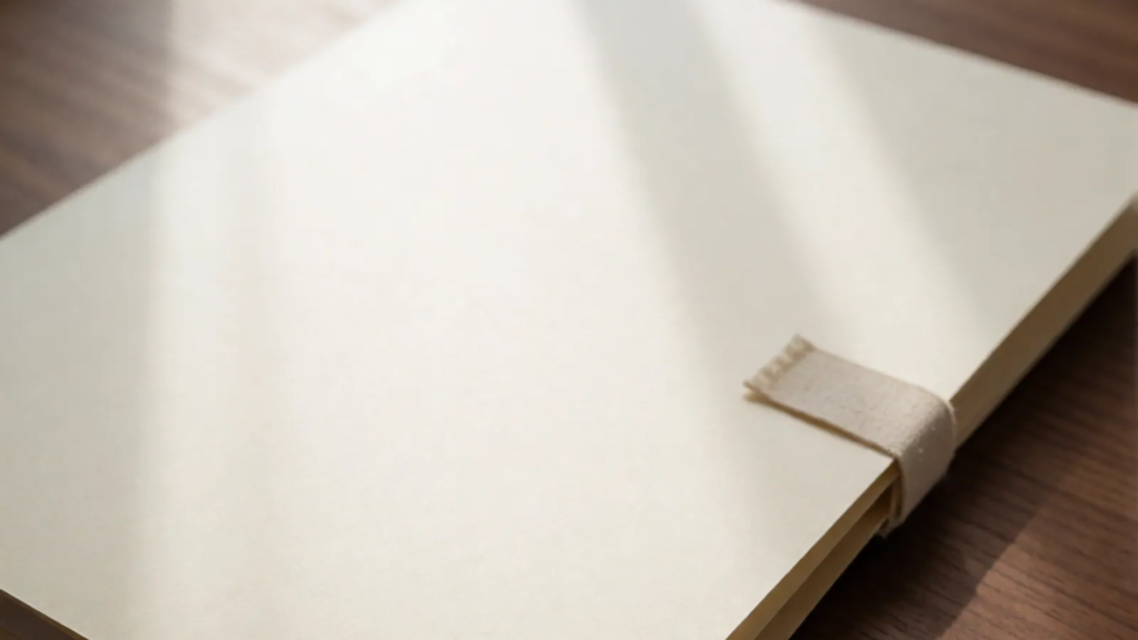 Close on the corner of a closed cream card folder held by a cotton tab, on a walnut desk.