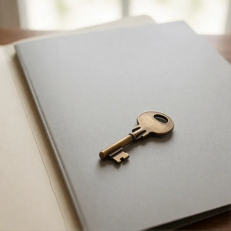 Close on an old brass key lying on a closed gray folder.