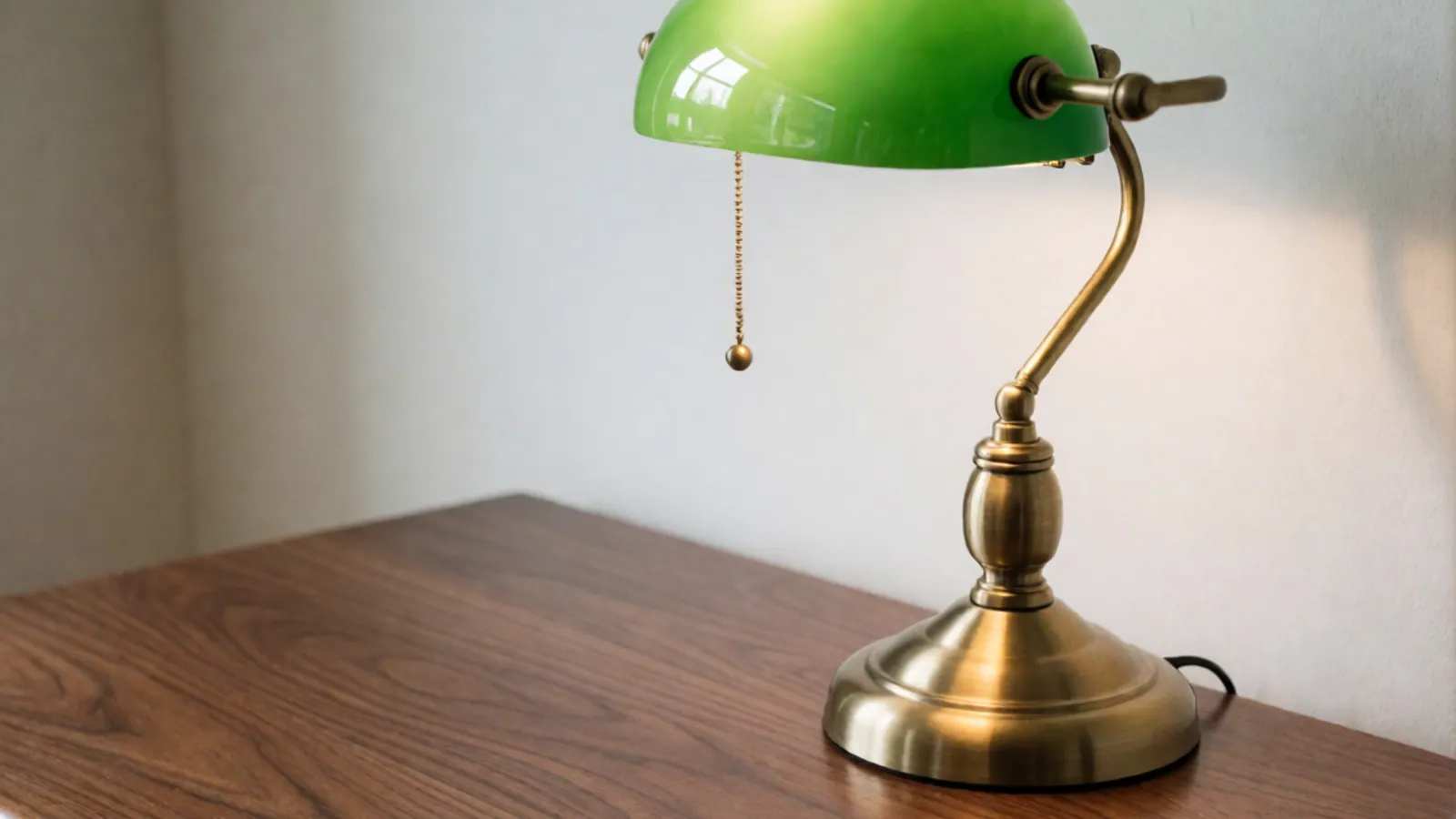 Close on a brass desk lamp with a green glass shade on a walnut desk against a cream wall.