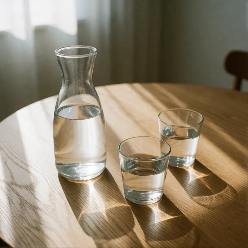 Close on a glass carafe of water and two glasses on a round oak table in morning sun.