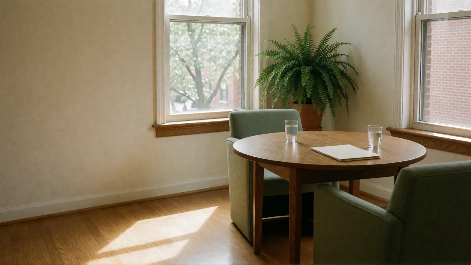 A quiet office in daylight: a round oak table with two clear glasses of water and a closed cream folder, two sage-green armchairs, a tall fern in a terracotta pot in the corner between two double-hung windows, a street tree and red brick outside, sunlight across the oak floor.