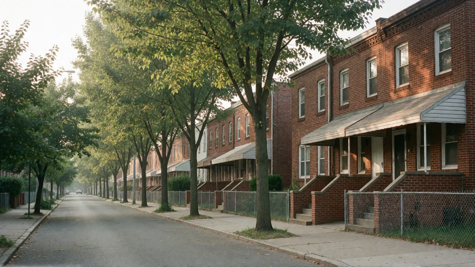A quiet tree-lined street of two-story attached red-brick houses with stoops, metal awnings and chain-link fences, the road empty.