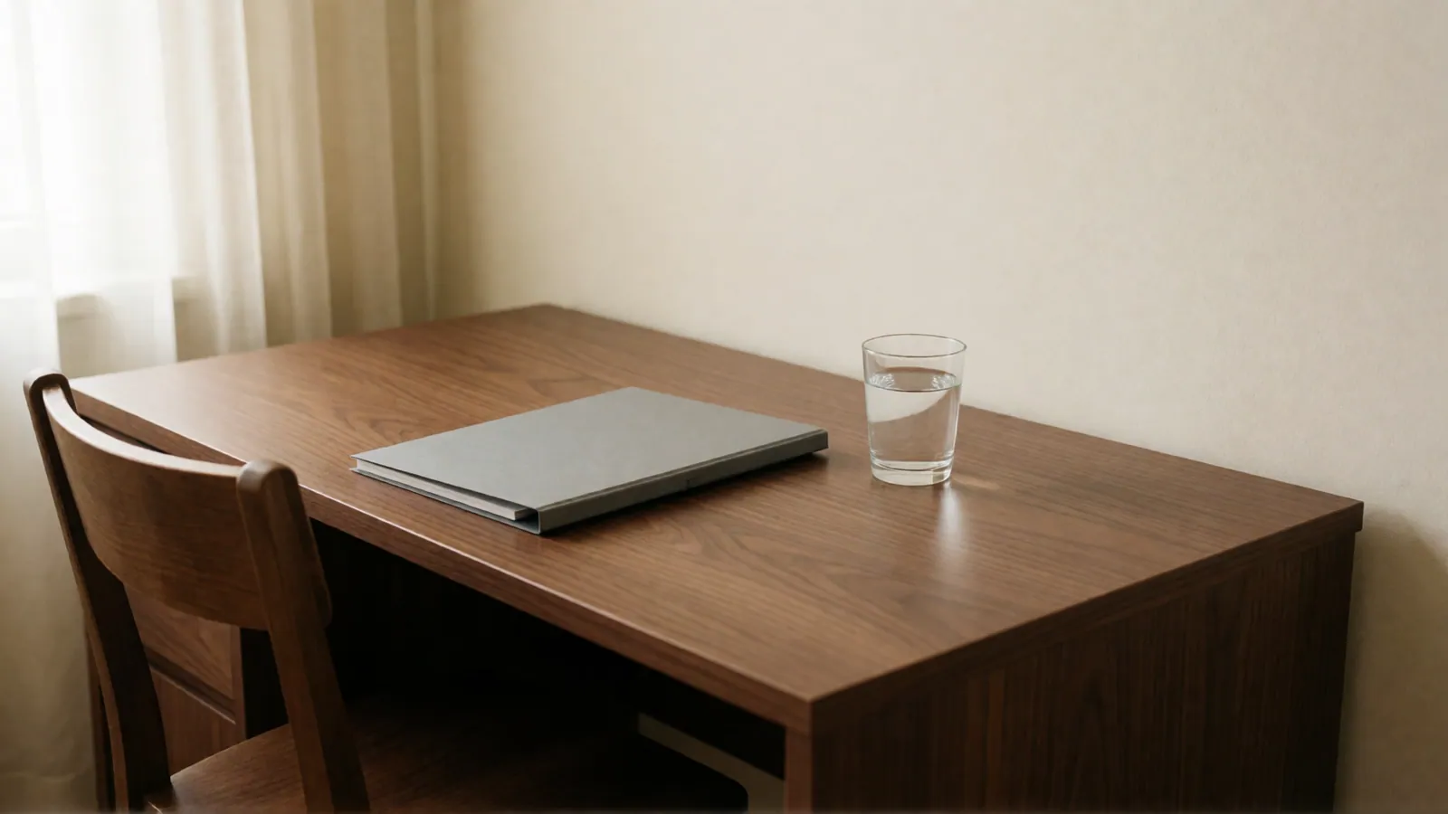 A walnut desk against a cream wall with a closed gray folder and a glass of water, a wooden chair pushed in and a curtain at the left.