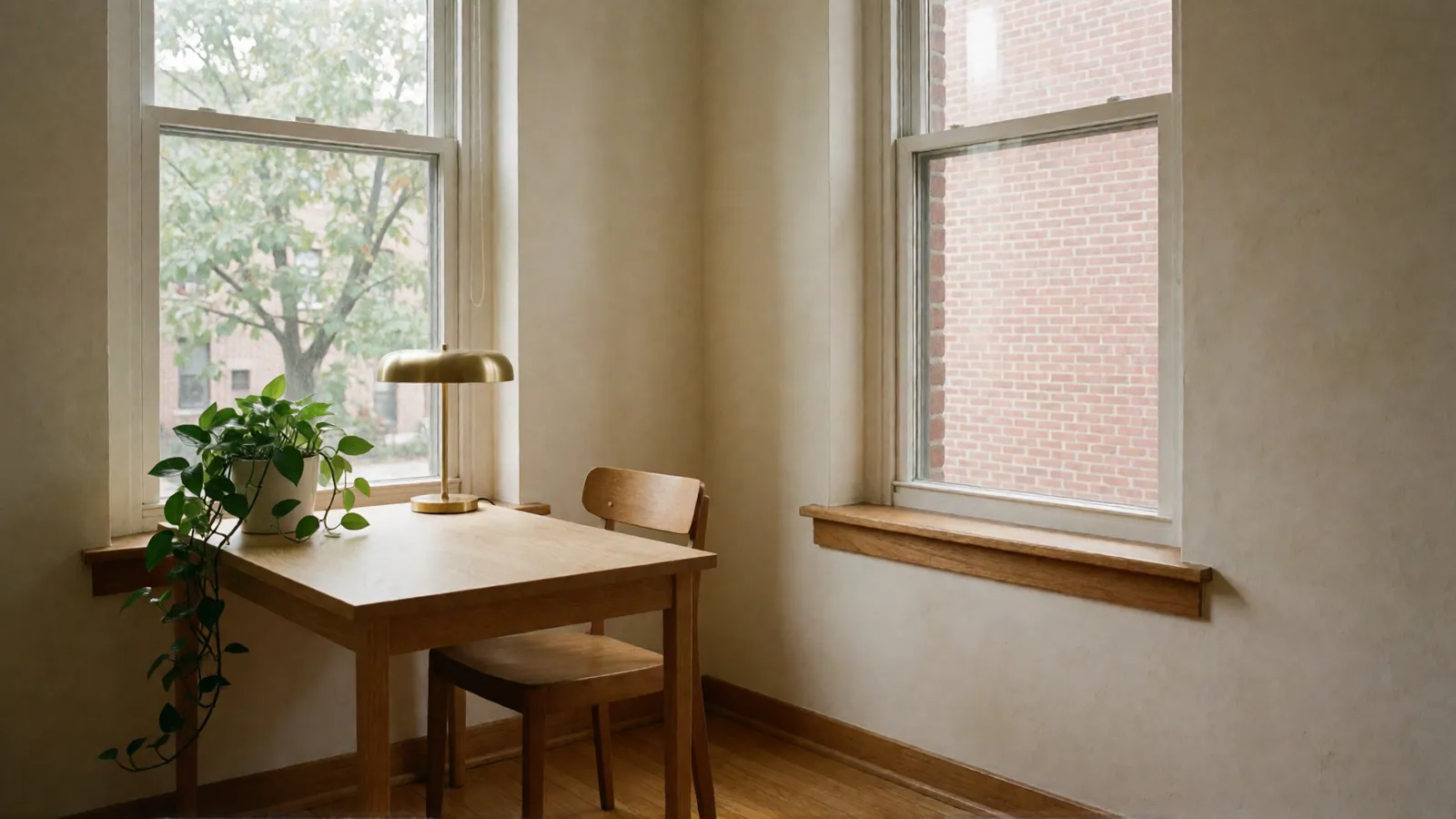 A small oak desk with a brass lamp and a trailing plant by a double-hung window, a wooden chair, and a second window onto red brick.