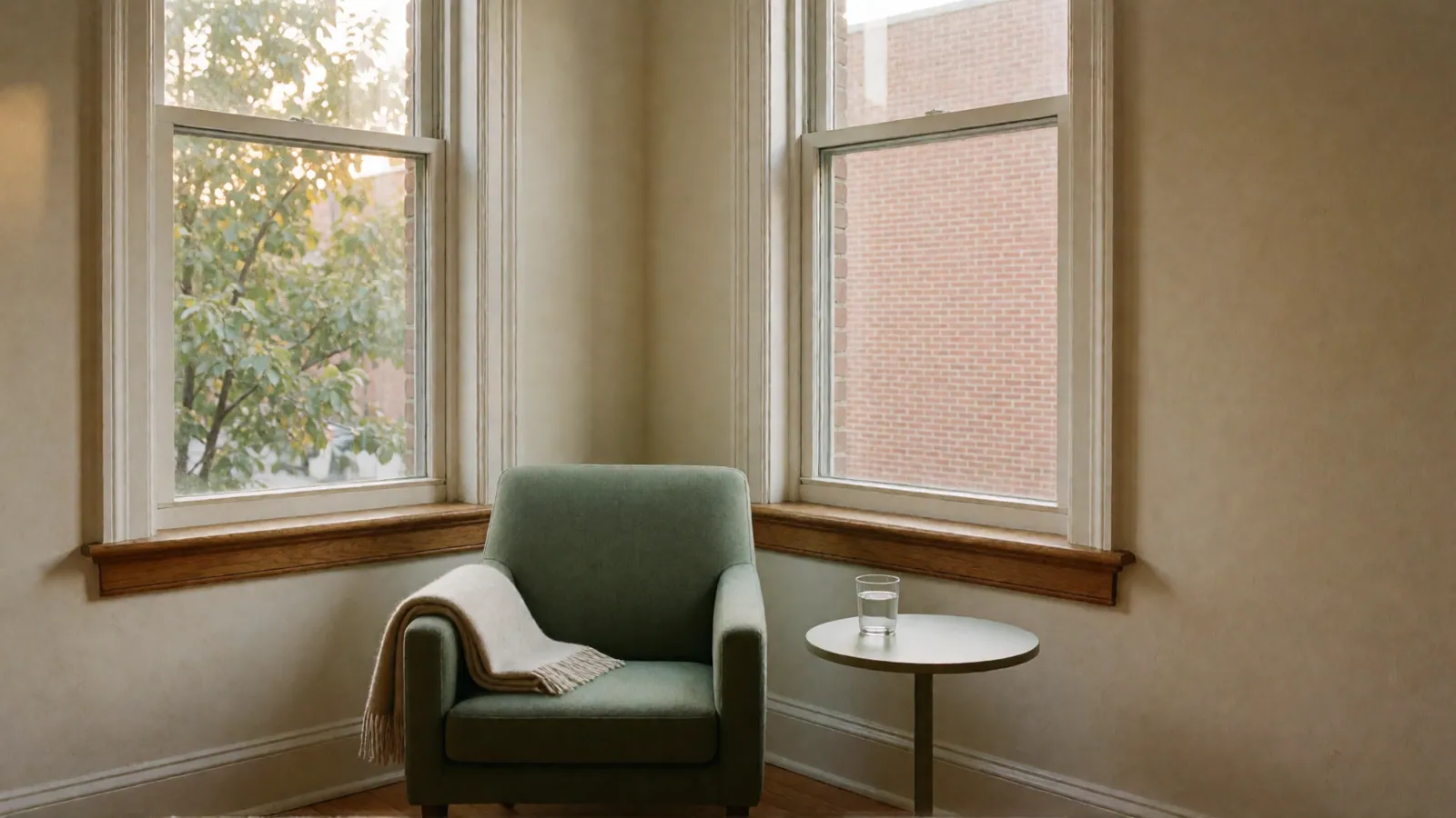 A sage-green armchair with a folded blanket over its arm, a small round table with a glass of water, between two double-hung windows.