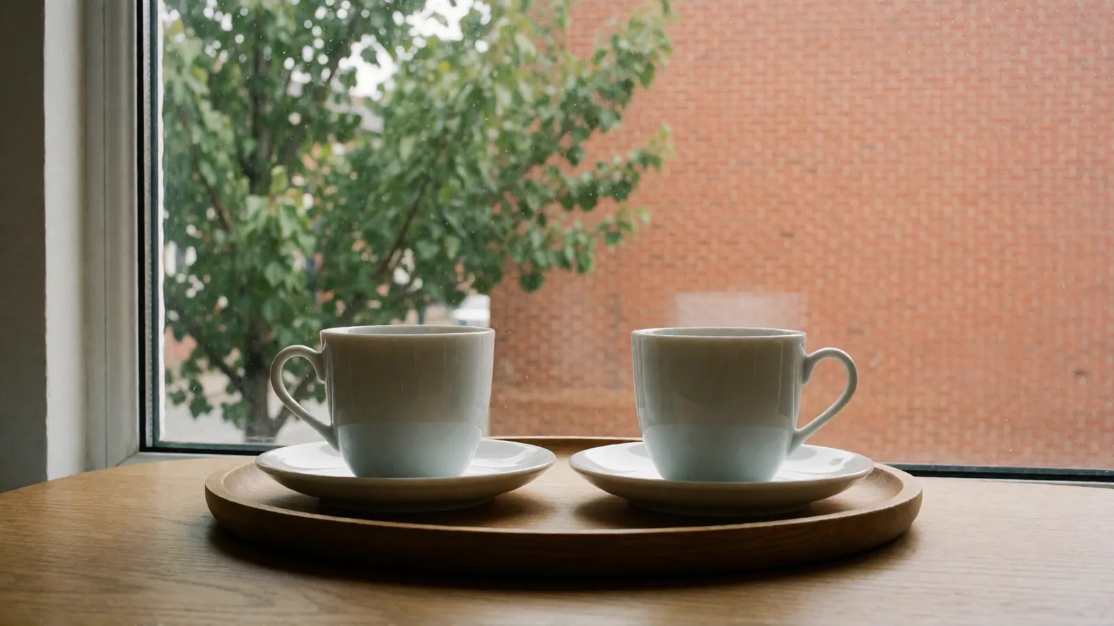 Two plain white cups on saucers on a round wooden tray by a window, a street tree and a brick wall outside, out of focus.
