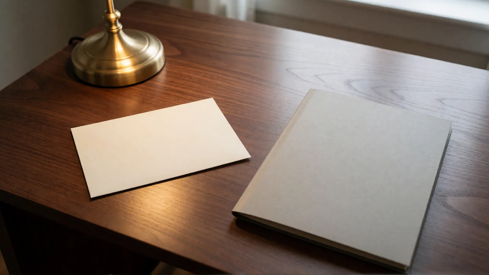 A dark walnut desk under a brass lamp: one blank cream card and a closed gray folder.