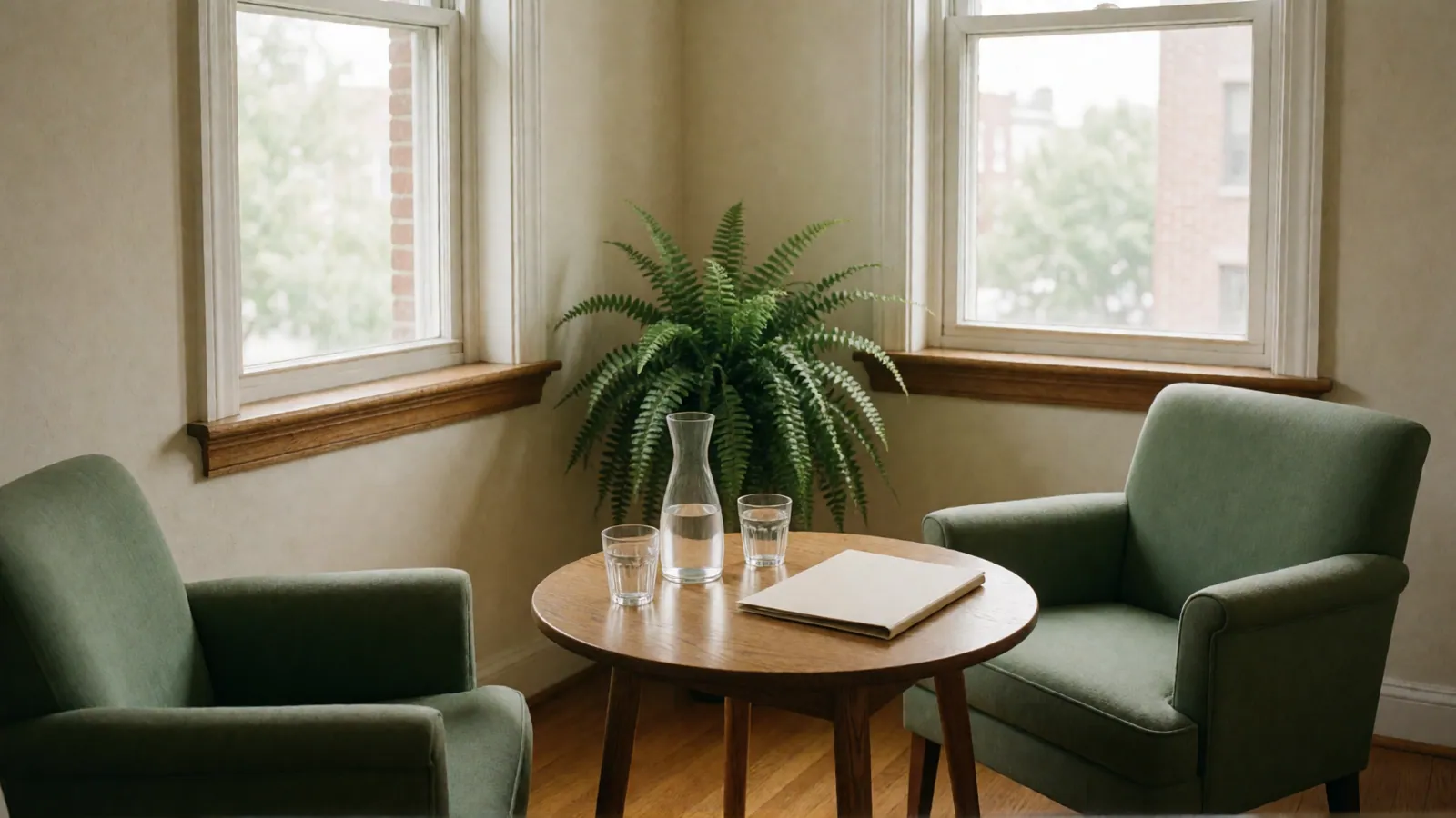 A corner of an office set for a meeting: two sage-green armchairs and a small round table with a carafe of water, two glasses and a closed cream folder, a fern between two double-hung windows.