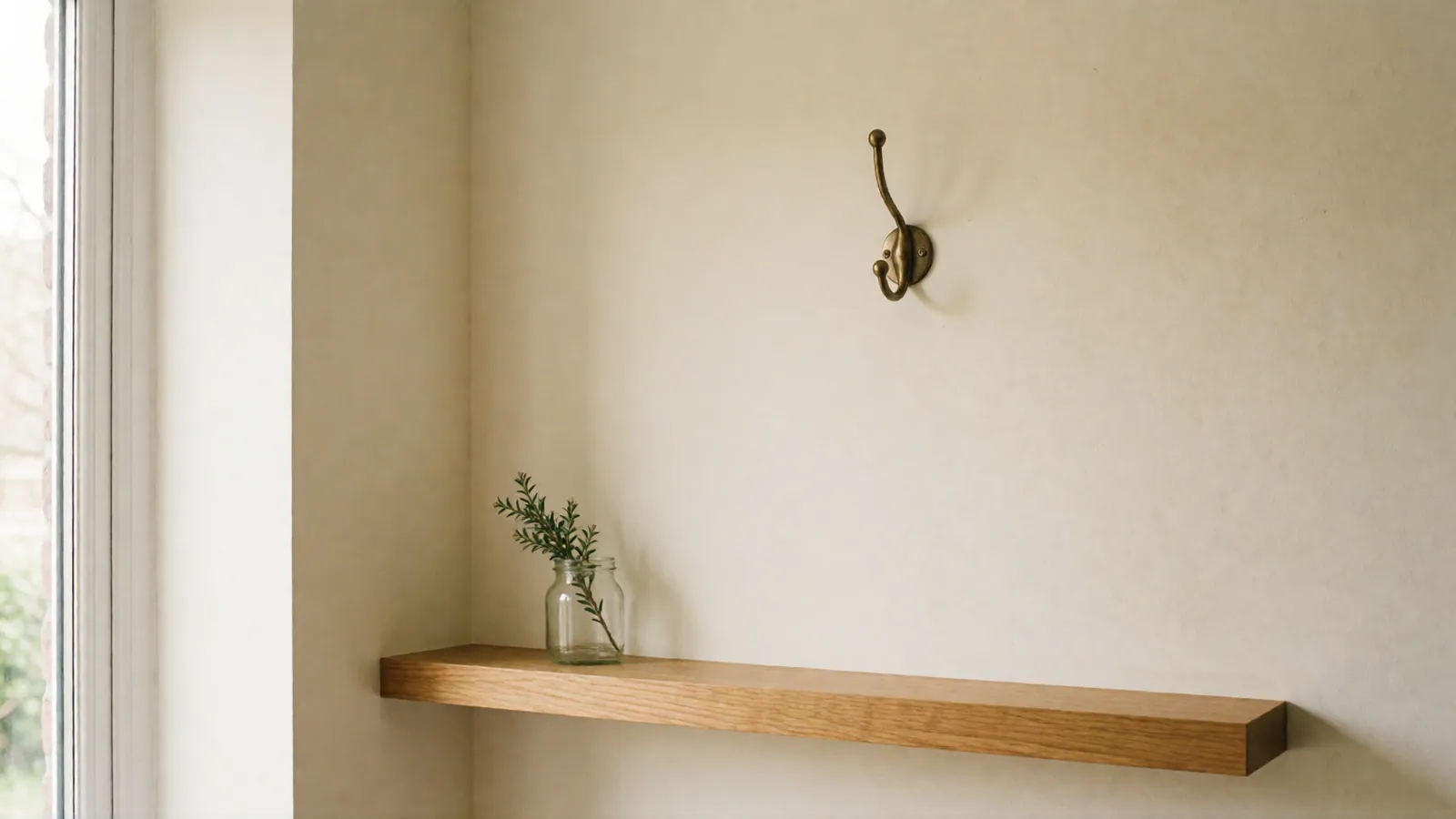 A plain cream wall with one empty brass hook and nothing hanging from it, a narrow oak shelf below holding only a sprig of green in a glass jar.