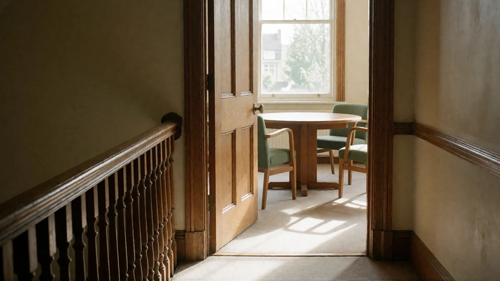 From a hallway with a wooden banister, an open door into a bright room with a round table and green chairs and a double-hung window.