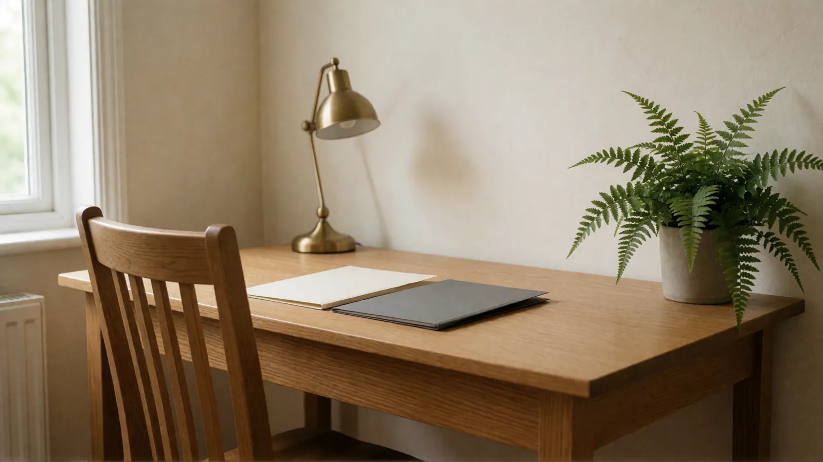 A plain oak desk against a cream wall with a brass lamp, a fern, a cream card and a closed gray folder, a wooden chair pulled up to it.
