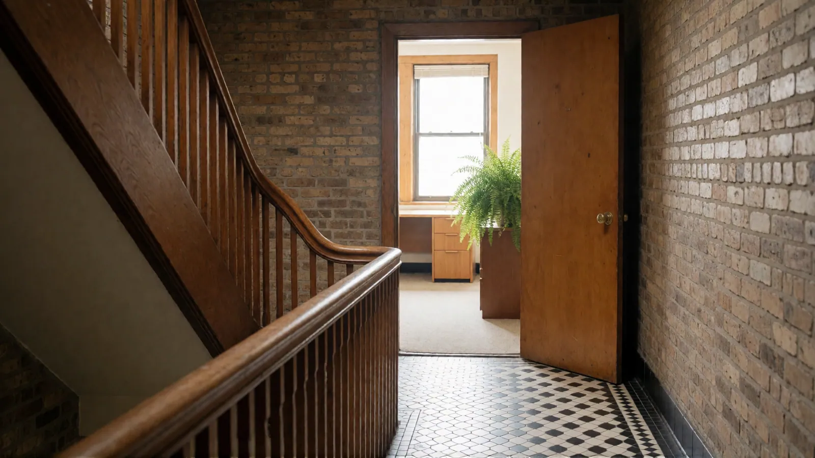The landing of a prewar building: a wooden staircase, a black and white tiled floor, a brick wall, and a wooden door open onto a sunlit office with a fern and a desk.