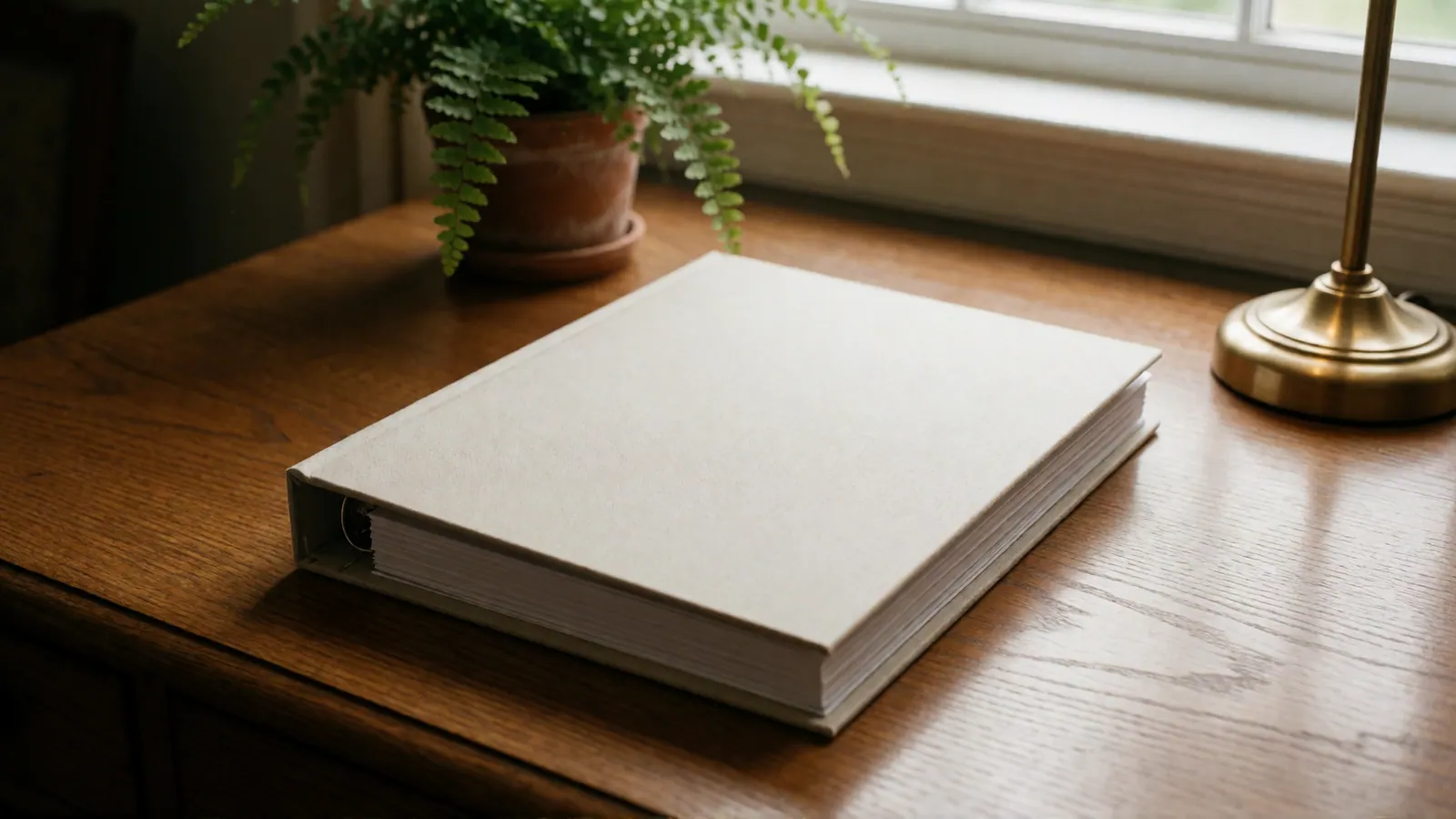 A thick ring binder with a plain cream linen cover lying closed on an oak desk, a fern in a terracotta pot and a brass lamp behind it.