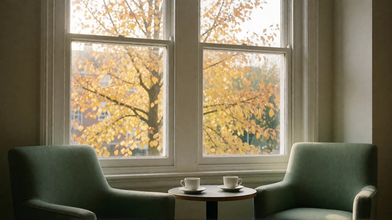 Two sage-green armchairs and a small round table with two cups by a pair of double-hung windows, a yellow autumn tree outside.