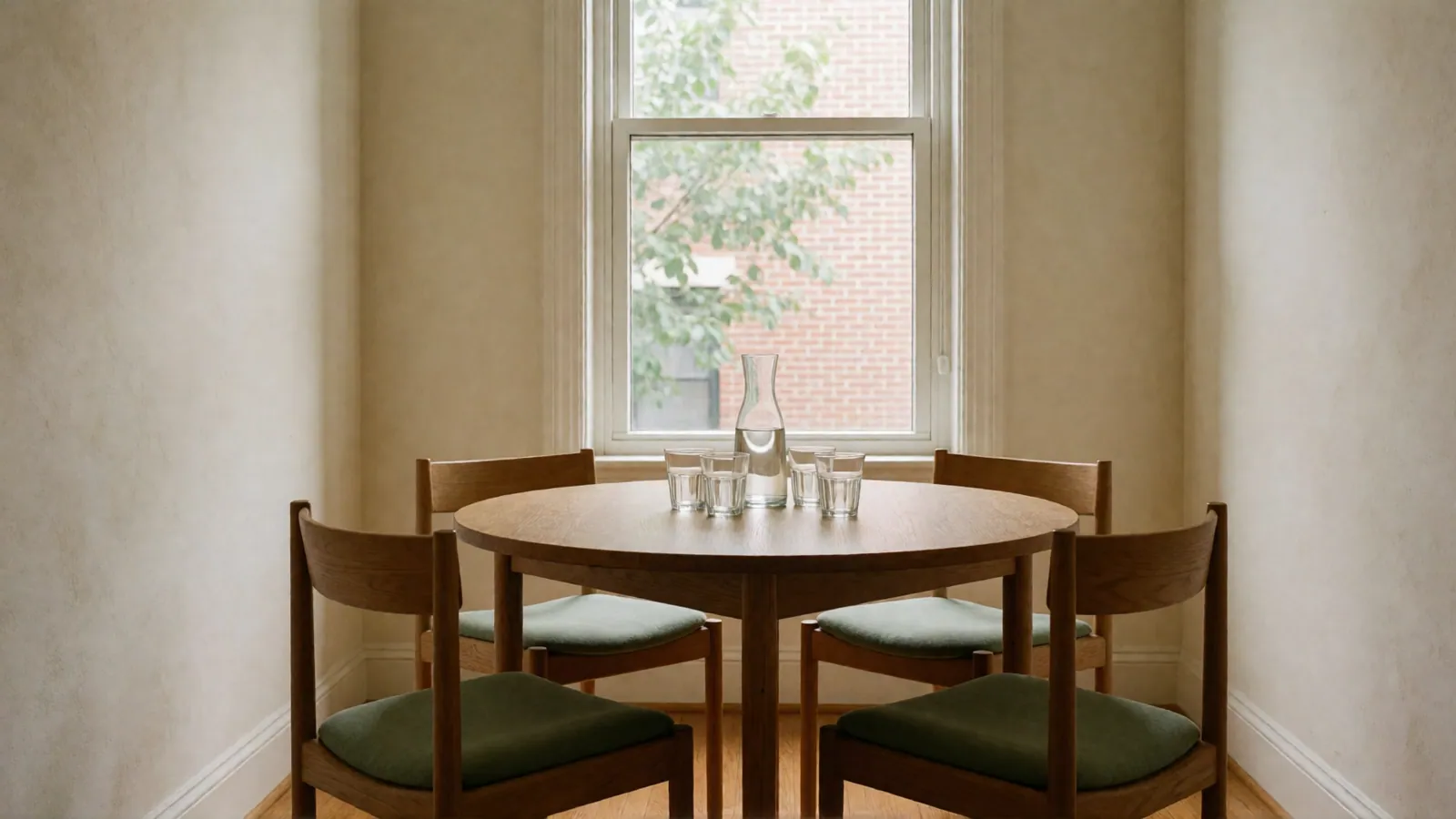 Four wooden chairs with green cushions around a round oak table with a carafe and glasses of water, in a small cream-walled room with one double-hung window.