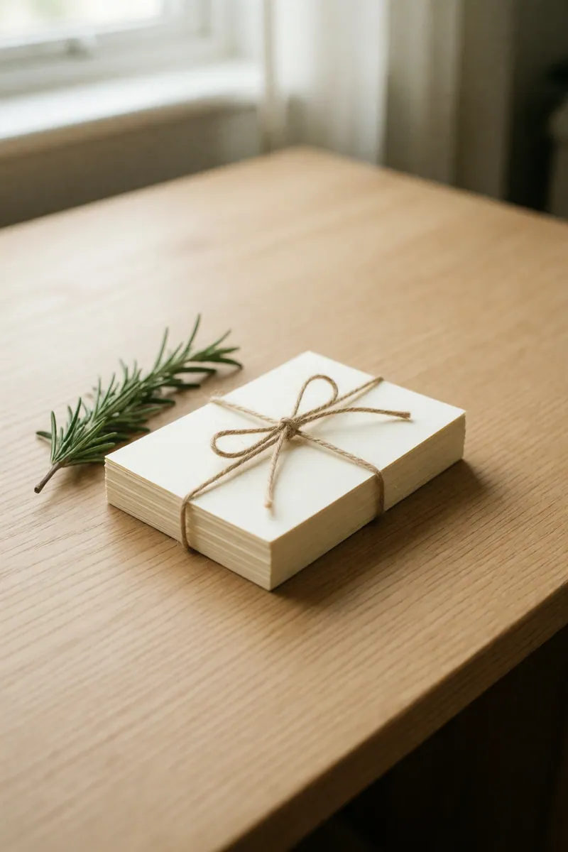 A small stack of blank cream cards tied with twine beside a sprig of rosemary on a pale oak desk.