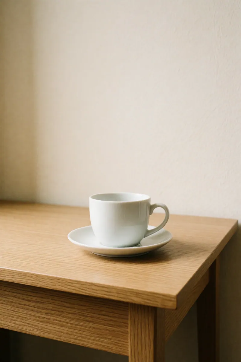 A plain white cup and saucer on an oak side table against a cream wall.