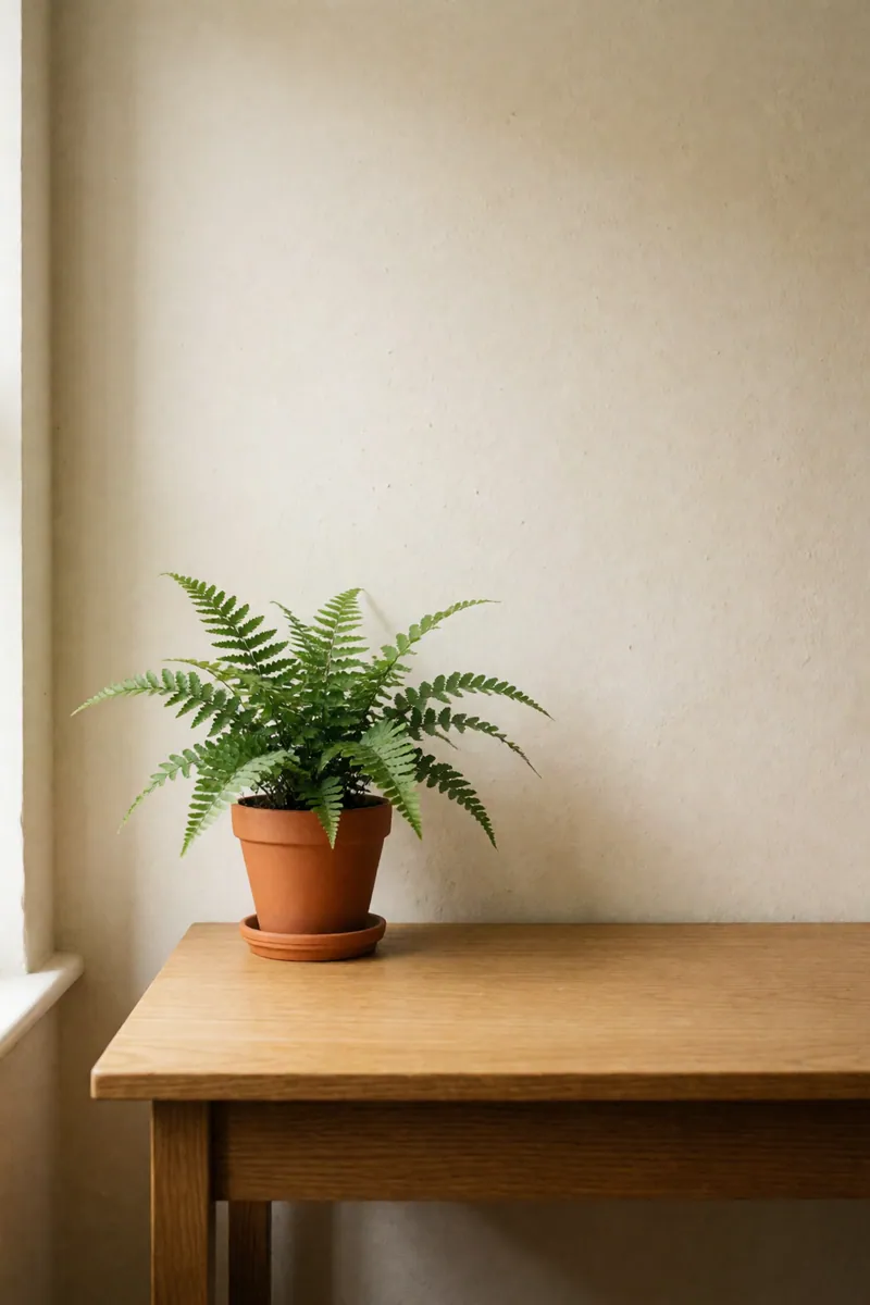A small fern in a terracotta pot on an oak side table against a cream wall.