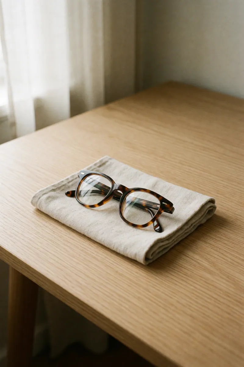 A pair of tortoiseshell reading glasses on a folded linen cloth on a pale oak desk.