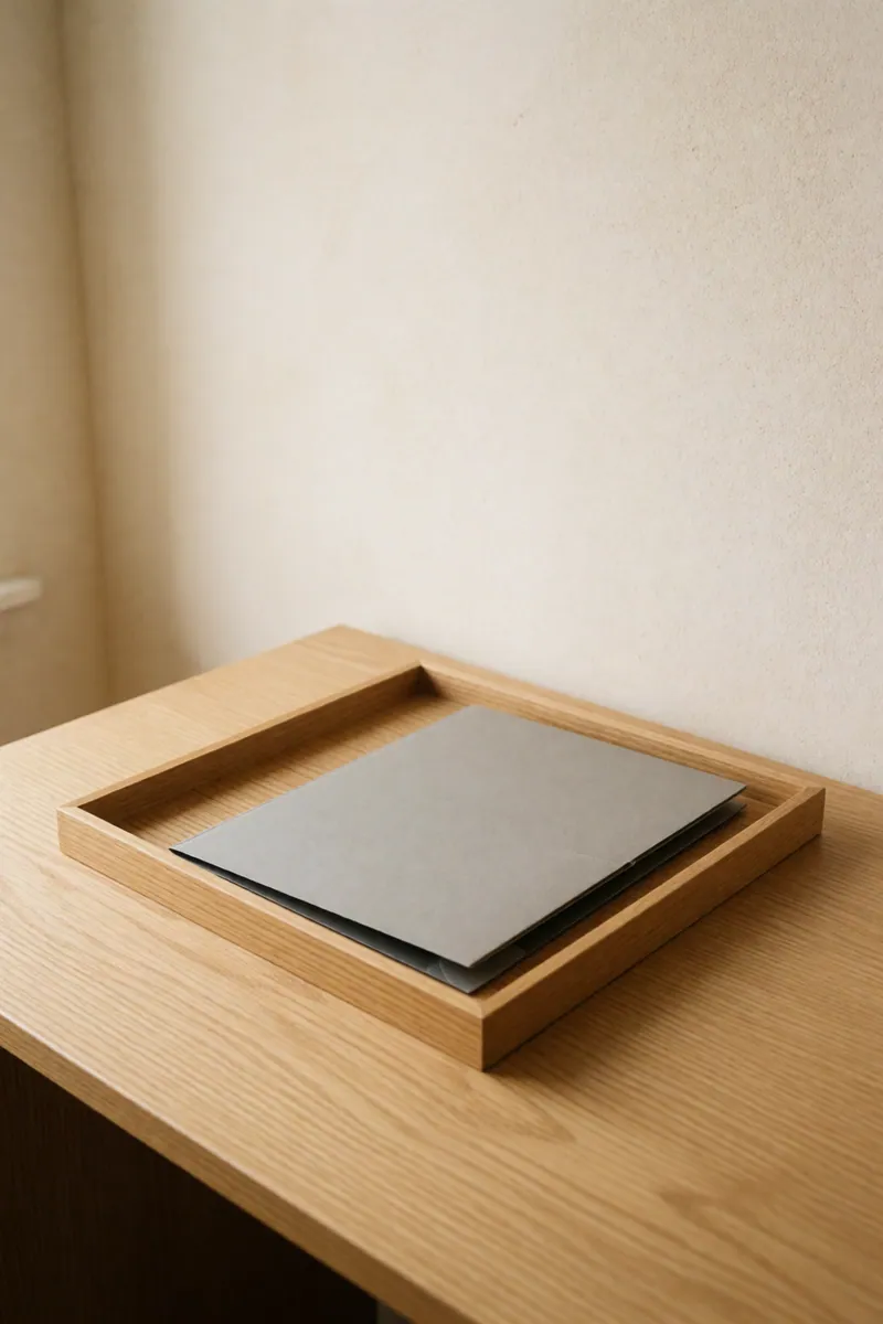 A shallow wooden tray holding one closed gray folder on a pale oak table.