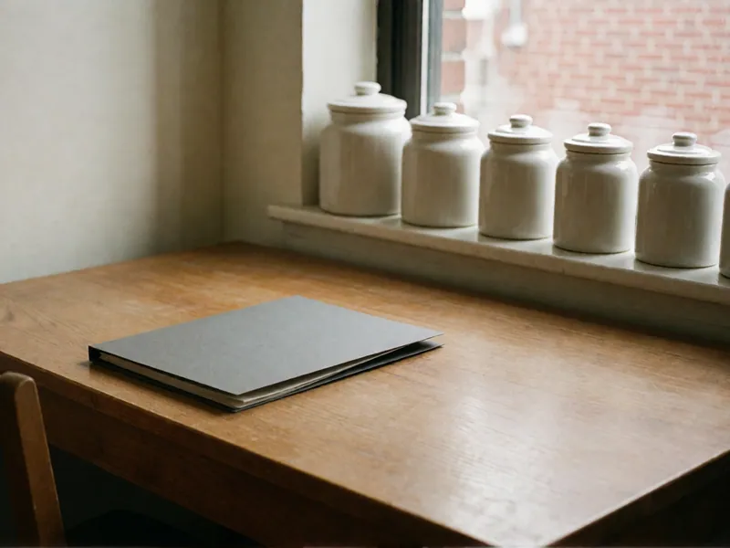 A plain wooden worktable with a closed gray folder and a wooden chair, a row of lidded white ceramic jars along the windowsill and red brick through the window.