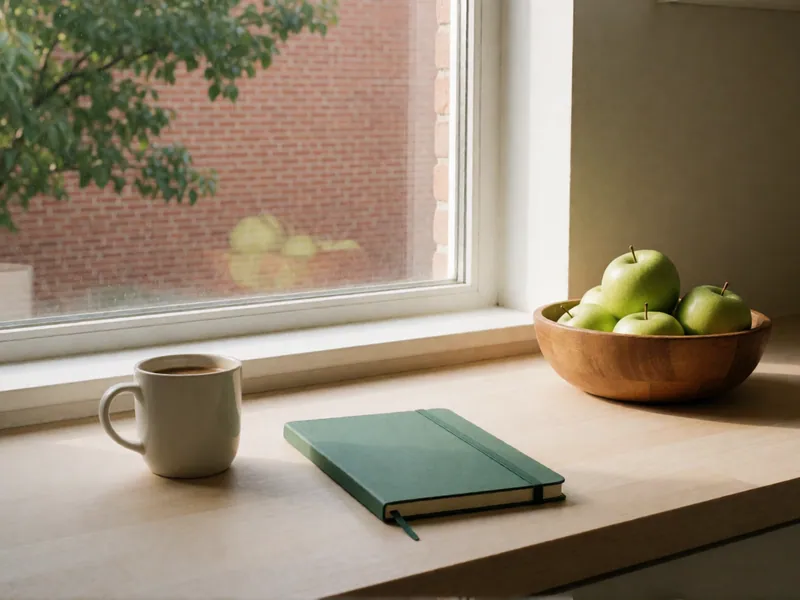 A pale wood counter by a window: a mug of coffee, a closed dark green notebook held by an elastic band, and a wooden bowl of green apples; a street tree and red brick outside.