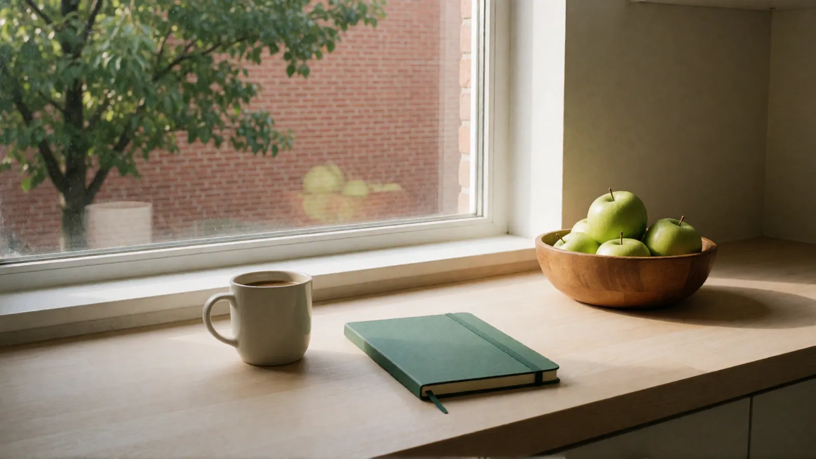 A pale wood counter by a window: a mug of coffee, a closed dark green notebook held by an elastic band, and a wooden bowl of green apples; a street tree and red brick outside.