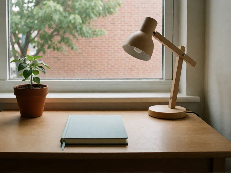 A small wooden desk under a window: a closed notebook with a plain blue cover, a seedling in a terracotta pot and a wooden desk lamp, a street tree and red brick outside.