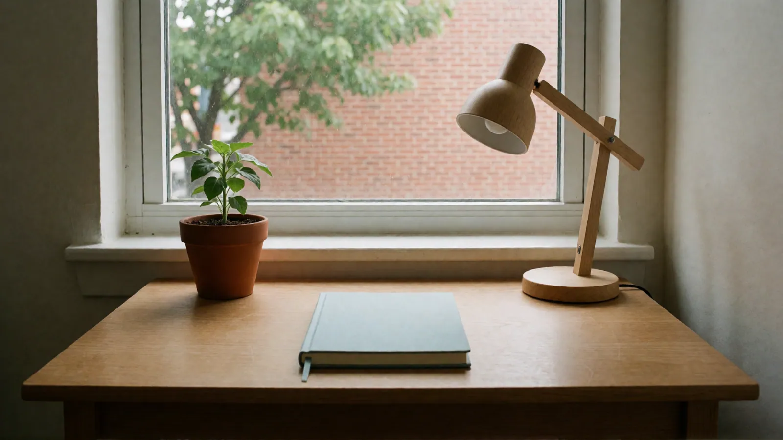 A small wooden desk under a window: a closed notebook with a plain blue cover, a seedling in a terracotta pot and a wooden desk lamp, a street tree and red brick outside.