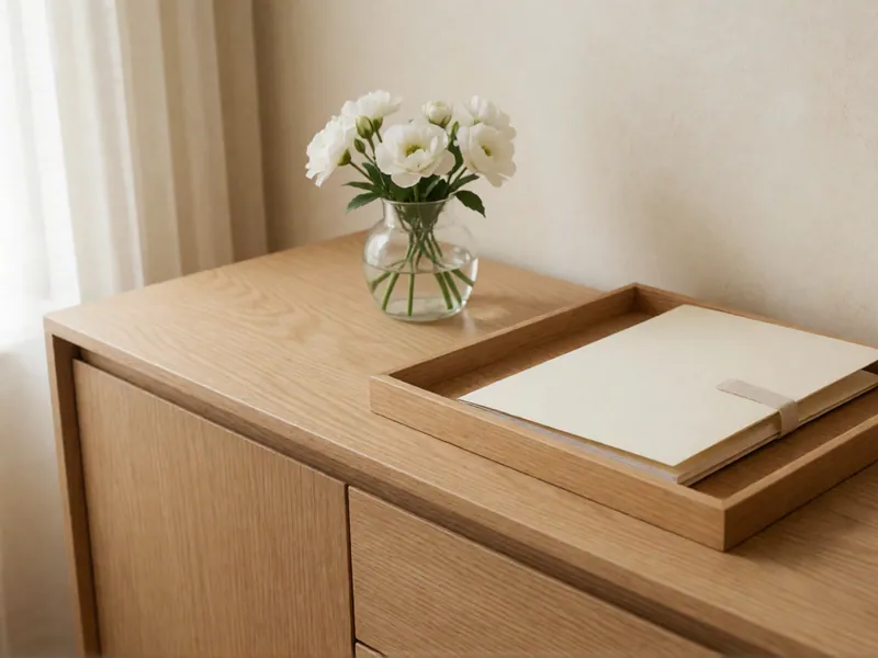 A pale oak sideboard with a shallow wooden tray holding a closed cream folder tied with a cotton tape, and white flowers in a glass vase against a cream wall.