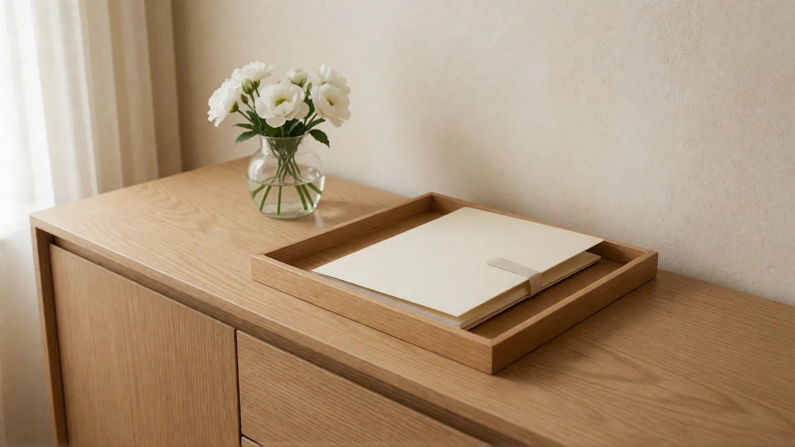 A pale oak sideboard with a shallow wooden tray holding a closed cream folder tied with a cotton tape, and white flowers in a glass vase against a cream wall.