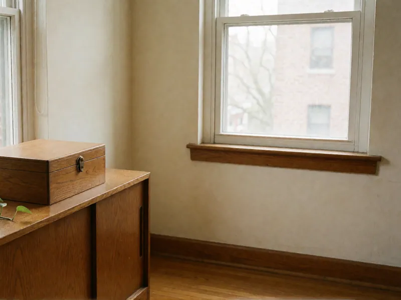 A closed wooden box with a brass latch on a wooden cabinet beside a trailing green plant, in a cream-walled room with two double-hung windows onto brick buildings.
