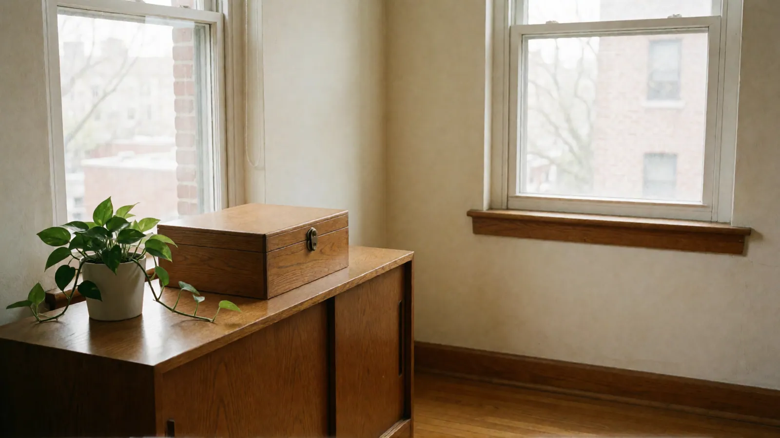 A closed wooden box with a brass latch on a wooden cabinet beside a trailing green plant, in a cream-walled room with two double-hung windows onto brick buildings.