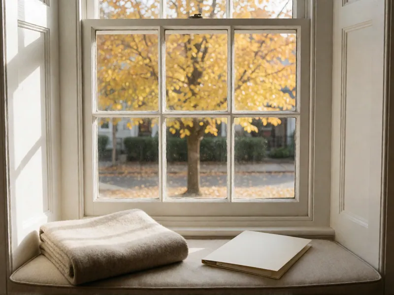 A deep window seat under a double-hung sash window: a folded oatmeal wool blanket and a closed cream folder on its cushion, a yellow autumn tree and a quiet street outside.