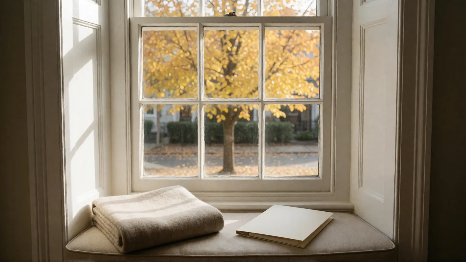 A deep window seat under a double-hung sash window: a folded oatmeal wool blanket and a closed cream folder on its cushion, a yellow autumn tree and a quiet street outside.
