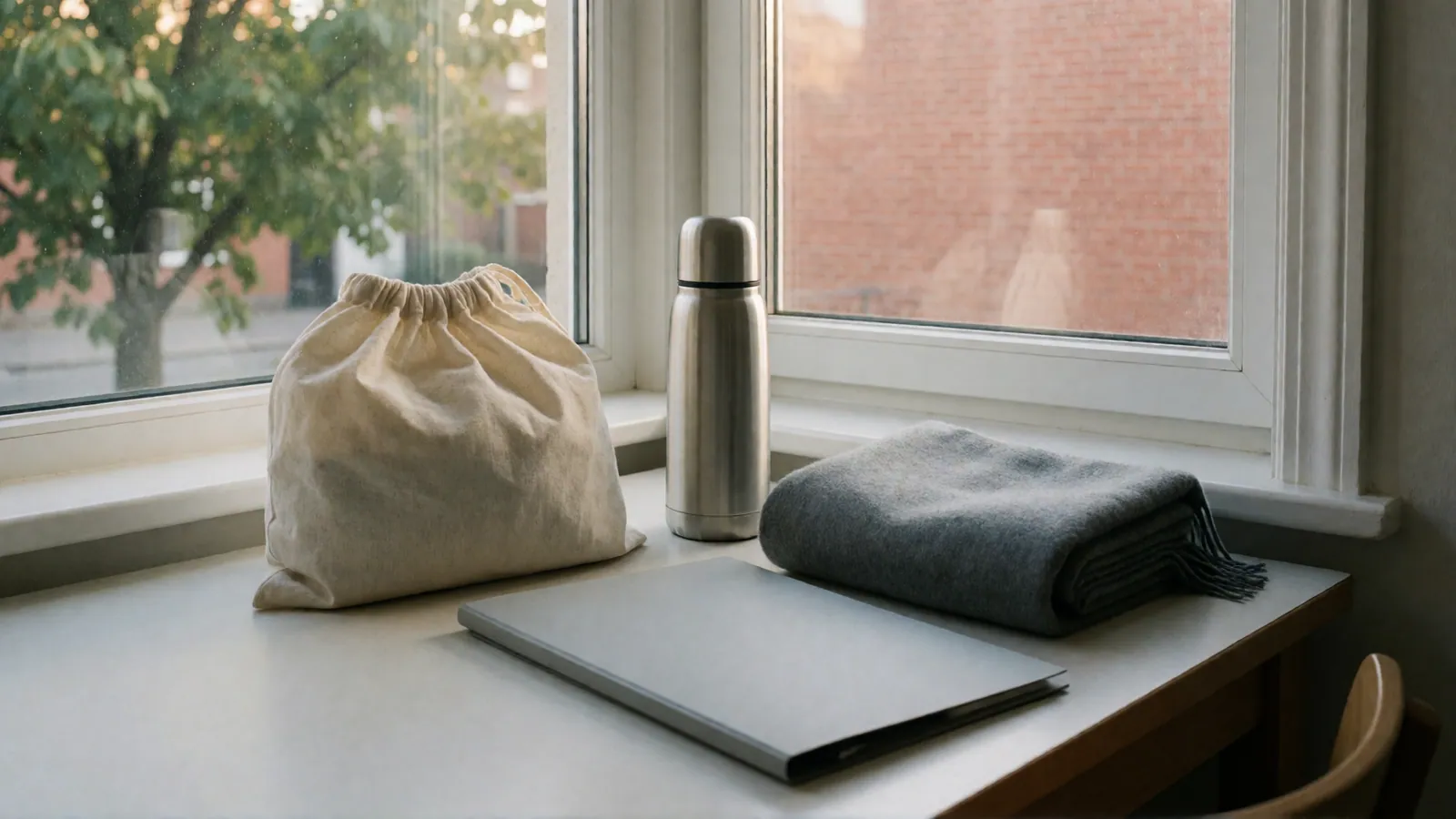 A kitchen table by a window early in the day: a cloth lunch bag, a plain steel thermos, a folded gray wool scarf and a closed gray folder; a street tree and red brick outside, out of focus.