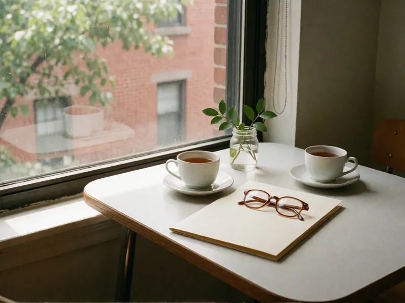 A small kitchen table by a window: two cups of tea on saucers, a sprig of green in a glass jar, and a pair of reading glasses resting on a closed cream folder; a street tree and a brick building outside.