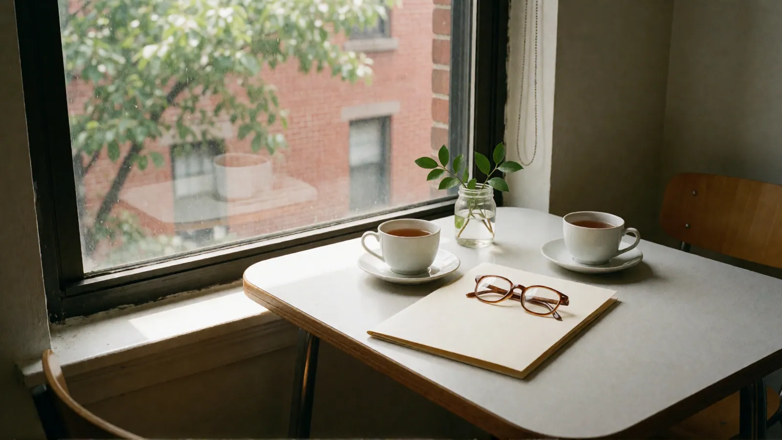 A small kitchen table by a window: two cups of tea on saucers, a sprig of green in a glass jar, and a pair of reading glasses resting on a closed cream folder; a street tree and a brick building outside.