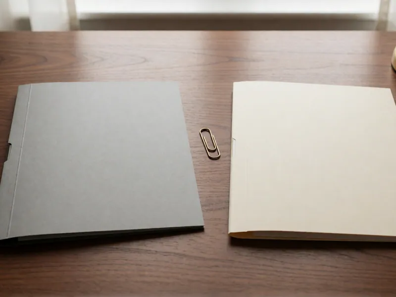 Two closed folders side by side on a dark walnut desk, one gray and one cream, a brass paper clip between them and the foot of a brass lamp at the corner.