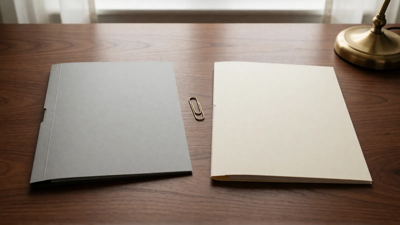 Two closed folders side by side on a dark walnut desk, one gray and one cream, a brass paper clip between them and the foot of a brass lamp at the corner.